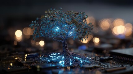 Digital tree growing from circuit board technology concept