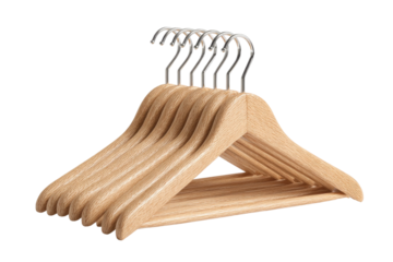 Wooden clothes hangers display home product photography studio. Isolated on transparent background, png.