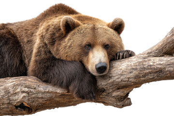 Obraz premium Grizzly bear relaxing on a tree branch nature wildlife close-up. Isolated on transparent background, png.