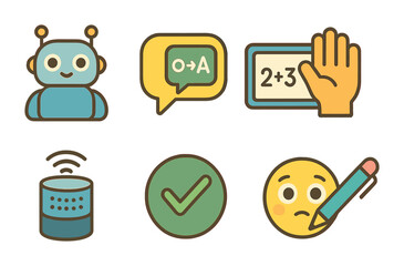 Educational AI Icons. Flat vector mini-illustrations AI tutors in educational apps in colors children's