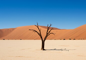Stark beauty of a desolate desert with a lifeless tree on a cracked earth pan, set against immense orange sand dunes under a clear blue sky.