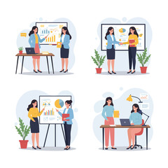 Empowered businesswomen collaborate on growth strategy in a modern office