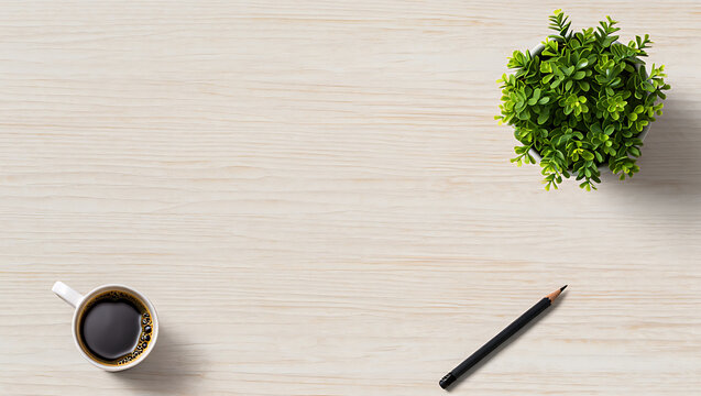 White desk with coffee plant and pencil wood