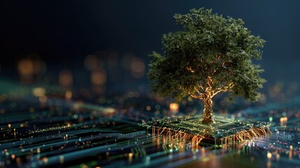 Tree growing from digital circuit board represents technology and nature