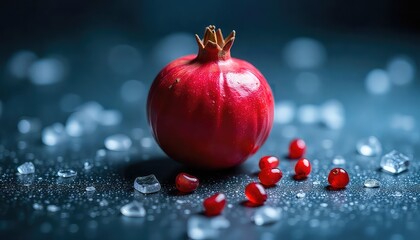 A vibrant pomegranate with seeds and ice crystals on a dark surface in a moody and artistic style