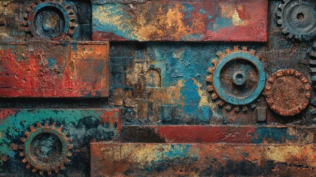Abstract rusty metalwork wall with gears in reds, blues, greens, oranges and yellows