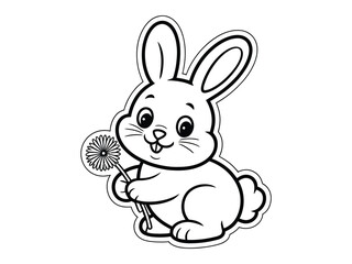 Cartoon rabbit holding dandelion flower in minimalist black line illustration, designed for coloring and children’s creative activities