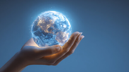 A glowing hand holding a digital representation of Earth with illuminated cities against a blue background