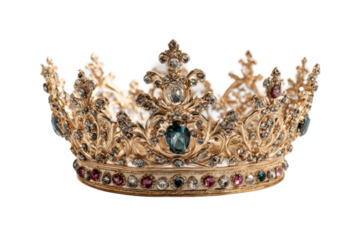 Royal crown display exhibition hall image elegant setting close-up. Isolated on transparent background, png.