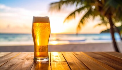 真夏のビーチと冷えたビールが入ったビアグラス