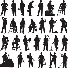 Obraz premium American Worker Silhouette IllustrationHardworking Laborer Silhouette VectorConstruction Worker with Tools SilhouetteStrong American Worker Outline ArtIndustrial Worker Silhouette Design