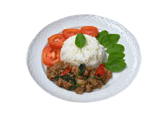 Top view of Rice topped with Stir fried Minced pork with basil and chili in white plate  on transparent.