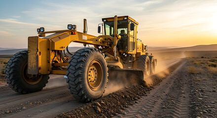 A yellow motor grader levels a dirt road during golden hour, silhouetting the distant hills softly.