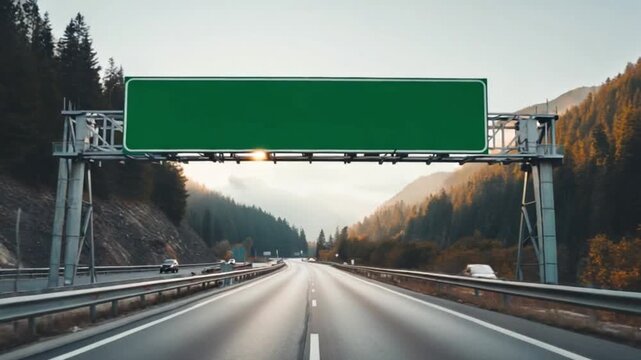 Empty highway sign under a clear sky surrounded by mountains and trees, suggesting travel