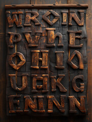 Carved Wooden Letters in Rustic Grid Layout on Dark Background for Decorative or Educational Use