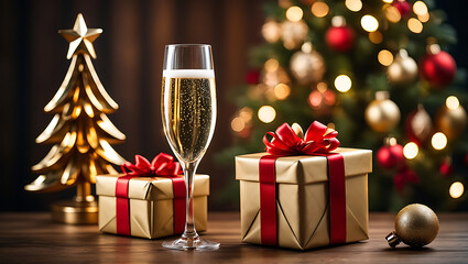 Elegant Christmas celebration with champagne gifts and festive decorations creating a magical holiday atmosphere for joyous occasions and special moments
