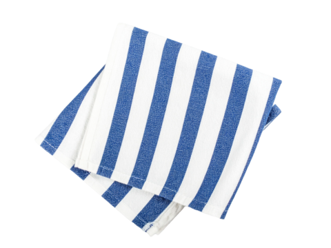 Folded blue and white striped dish towel, ideal for kitchenthemed designs, cooking blogs, and household product advertisements. Perfect for showcasing a clean and stylish kitchen accessory.