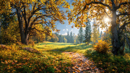 Obraz premium Autumnal Path Through Forest: Golden Leaves, Sunlight, and Meadow View