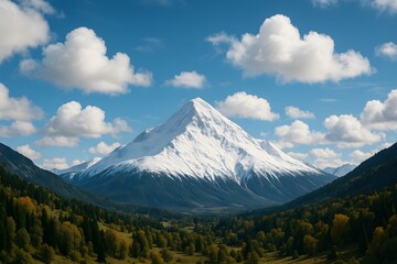 Snow Capped Mountain Peak Under a Blue Sky with White Clouds in a Vast Wilderness Landscape