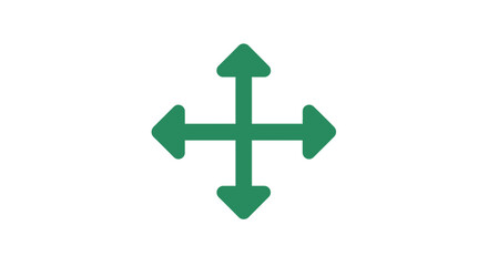 Fototapeta premium Illustration of a green four headed arrow pointing in all directions on a white background plain design