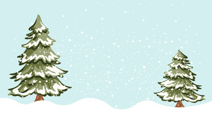 Snowy winter scene with two Christmas trees. Template with copy space. Vector illustration © Evgeniya Sheydt