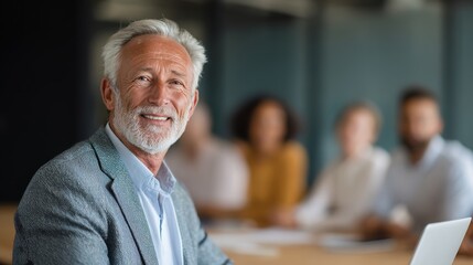 Business Leader's Vision: An experienced business leader confidently smiles as a team of colleagues forms a supportive backdrop. The leader embodies expertise and leadership.