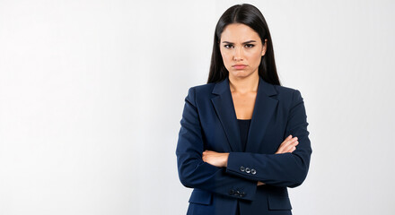 Frustrated Brazilian Businesswoman Arms Crossed Expressing Displeasure on Isolated White Background