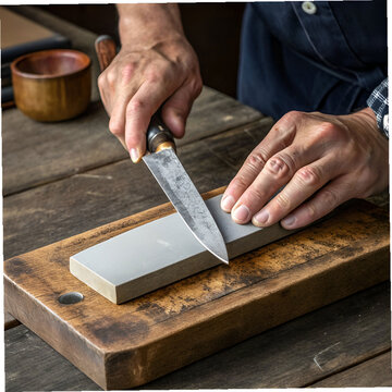 knife sharpening hands holding knife and whetston