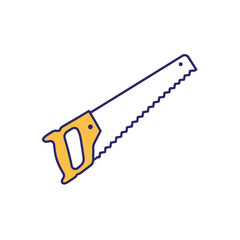 Flat illustration of a Hand Saw, bold navy outline,  isolated on white