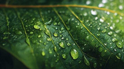 Dew Drops on a Vibrant Green Leaf with Yellow Veins - Close-Up