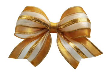 Close-up photography of elegant golden bow decorations in studio. Isolated on transparent background, png.