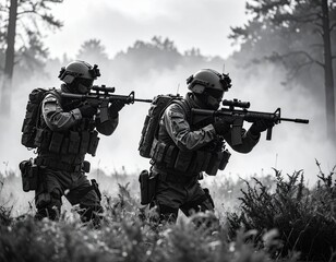 Fototapeta premium Two soldiers in camouflage gear carrying rifles advancing through a foggy forest