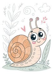 A cute cartoon snail with big eyes is smiling among grass and plants