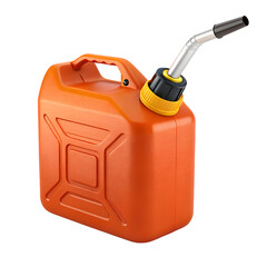 Orange portable fuel container with a flexible spout and secure cap for gasoline storage
