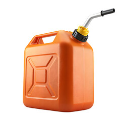 Orange plastic jerry can with a black spout and yellow cap against a stark black background