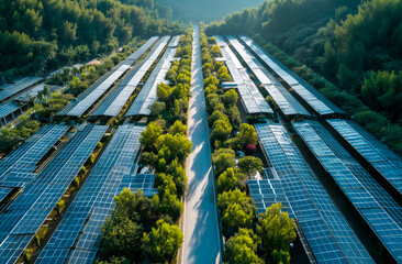 Aerial view of solar power plant in the middle of the forest
