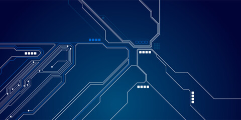 Thin circuit trace lines in blue on a dark technology background. Abstract digital tech bg. Electronics and computer technology concept. Chip and circuit board. Vector illustration. Chip connectors.