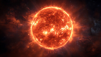 Obraz premium Fiery Sun in Deep Space: Orange Star with Plasma Flares and Nebula Background