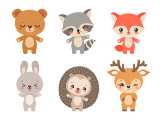 Kawaii autumn woodland animals. Cartoon chibi forest animal characters - deer, fox, bear, raccoon, hedgehog, hare. Cute children baby toy pattern adorable vector illustration. Smiling face expression.