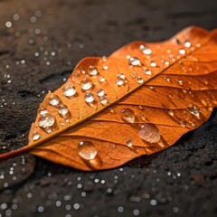 Autumn leaf with water droplets on dark textured background