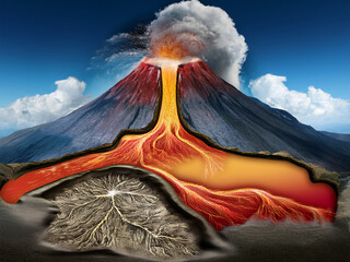 Volcano eruption diagram with labeled internal components
Vector illustration of volcano with Hungarian labels and lava