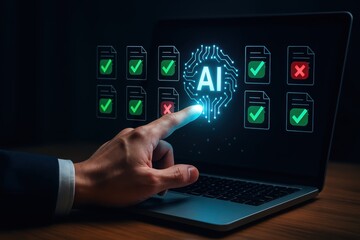 Hand Interacting with AI Technology on Laptop for Data Processing