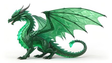 Naklejka premium A detailed green dragon with translucent wings standing on a white surface looking to the left