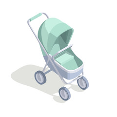 An illustration flat 2D icon of a baby stroller with canopy light isolated on a white background, ideal for animation, digital illustrations, and minimalist, clipart, EPS vector design