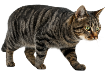 Curious cat walking in home animal photography indoor environment. Isolated on transparent background, png.