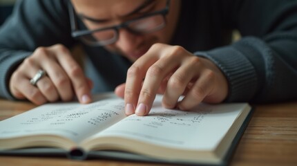 Obraz premium Visually impaired person using tactile reading method to access written content