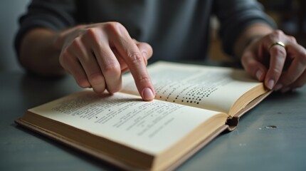 Visually impaired person using tactile reading method to access written content

