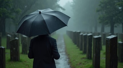 Black umbrella with raindrops, blurred cemetery background with aged tombstones and wet pathways

