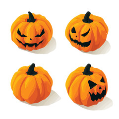 A flat 2D Scary orange pumpkin isometric view set collection illustration for Halloween, vector clipart isolated on a transparent background — clean animation-style design, created by me, EPS 