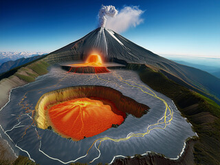 Educational vector of volcano with labeled geological components
